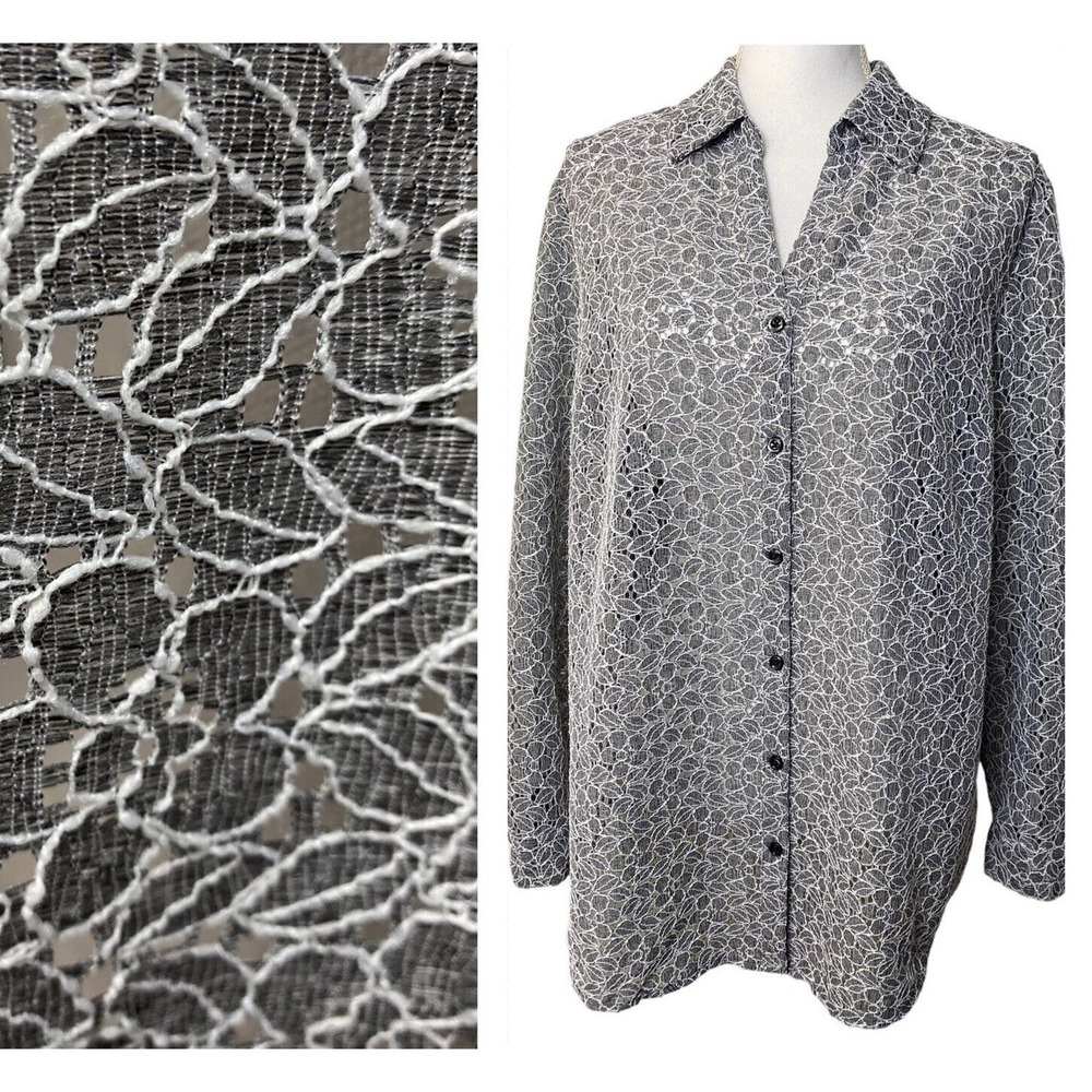 Chico’s 2 Women’s Size L Gray Floral Lace Button Front Collared V-Neck Blouse